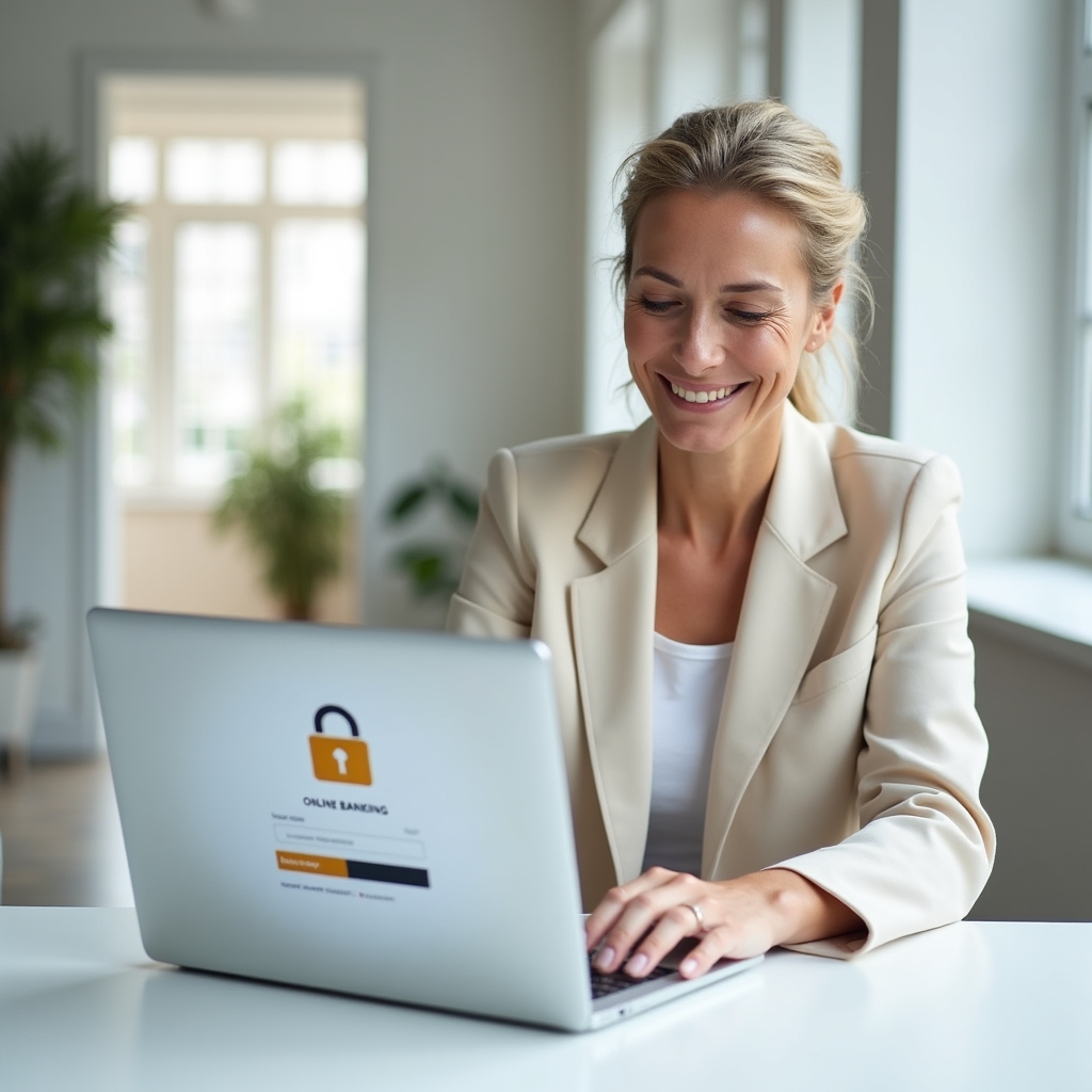 Person arbeitet an einem sicheren Online-Banking-Zugang am Laptop