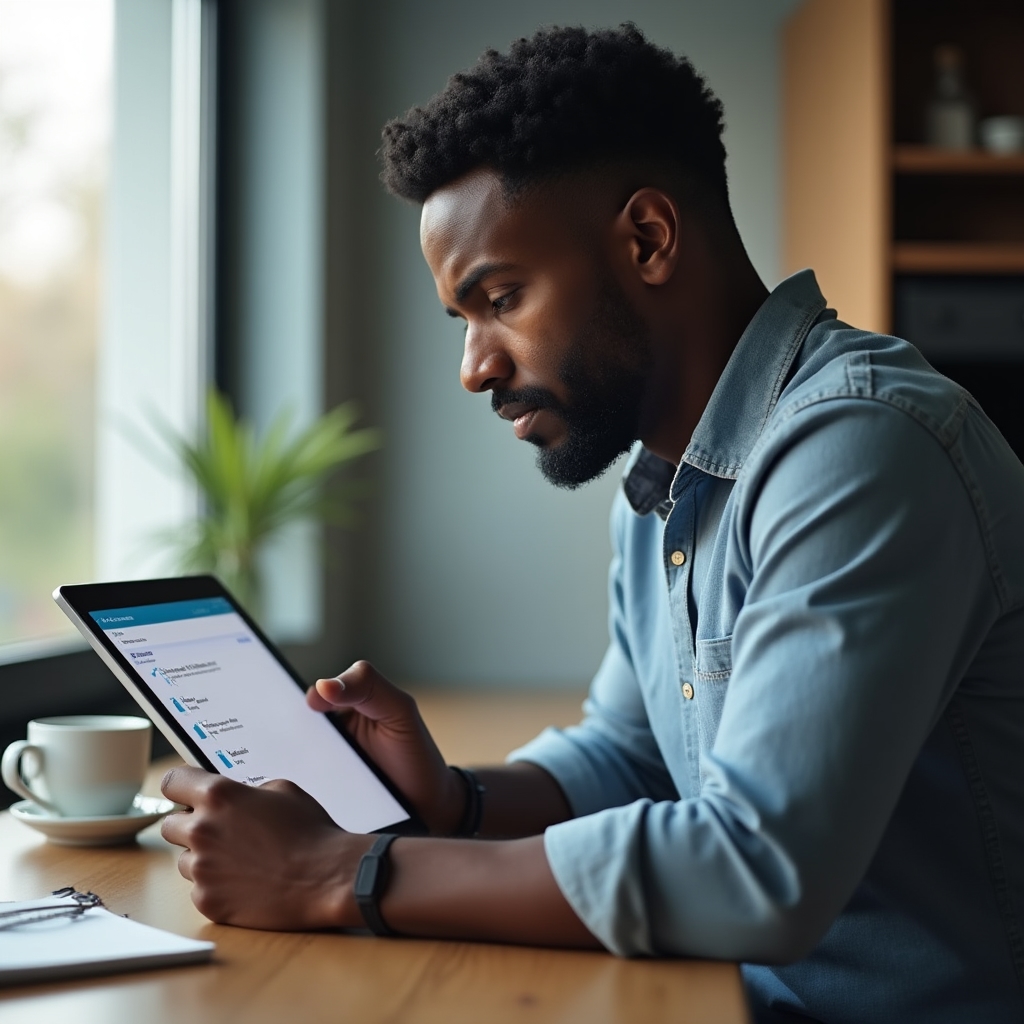 Person geht eine digitale Sicherheitscheckliste auf einem Tablet durch